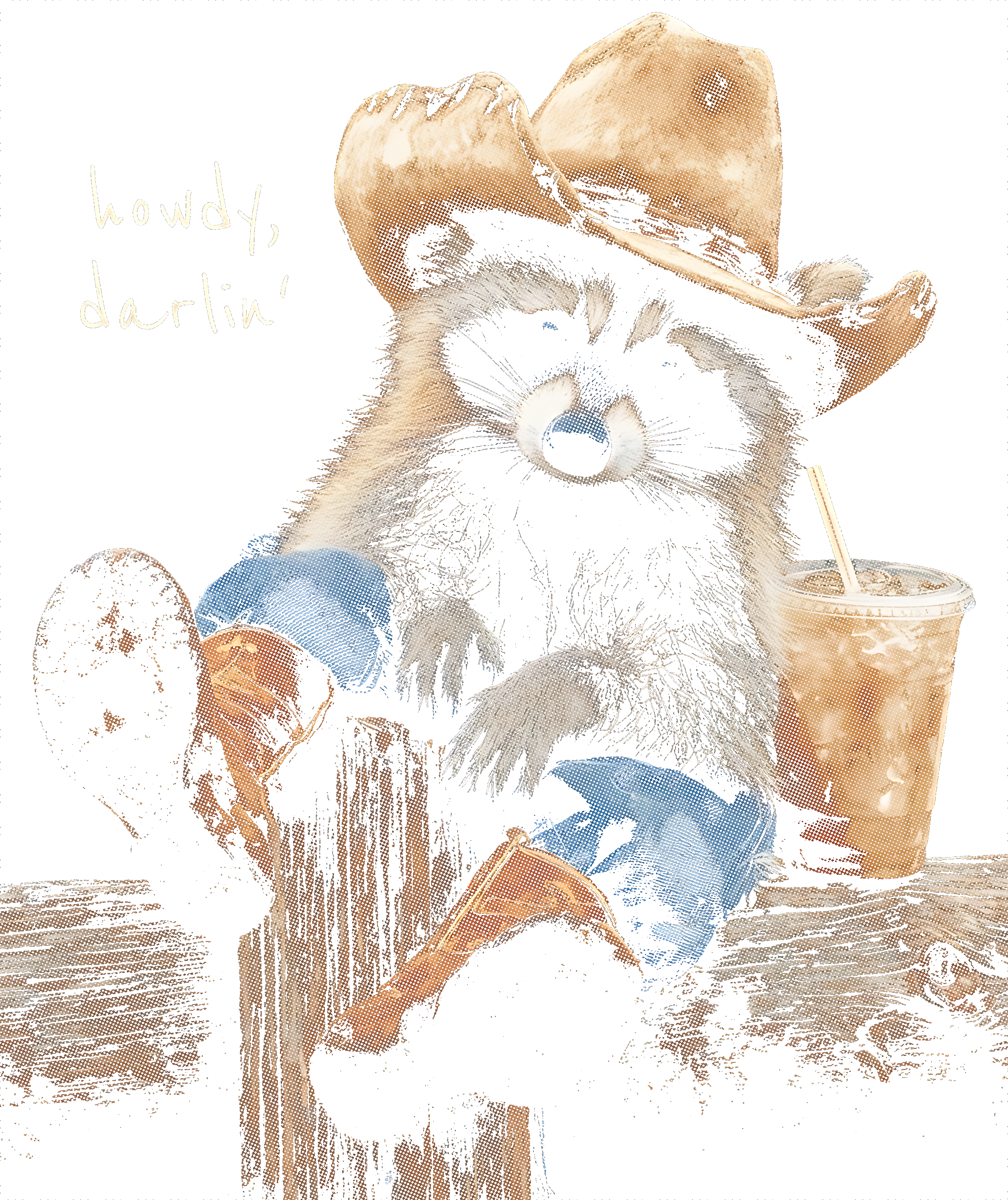 Howdy Darlin' Cowboy Raccoon DTF Transfer – 10x11 Halftone Ready to Press Western Design