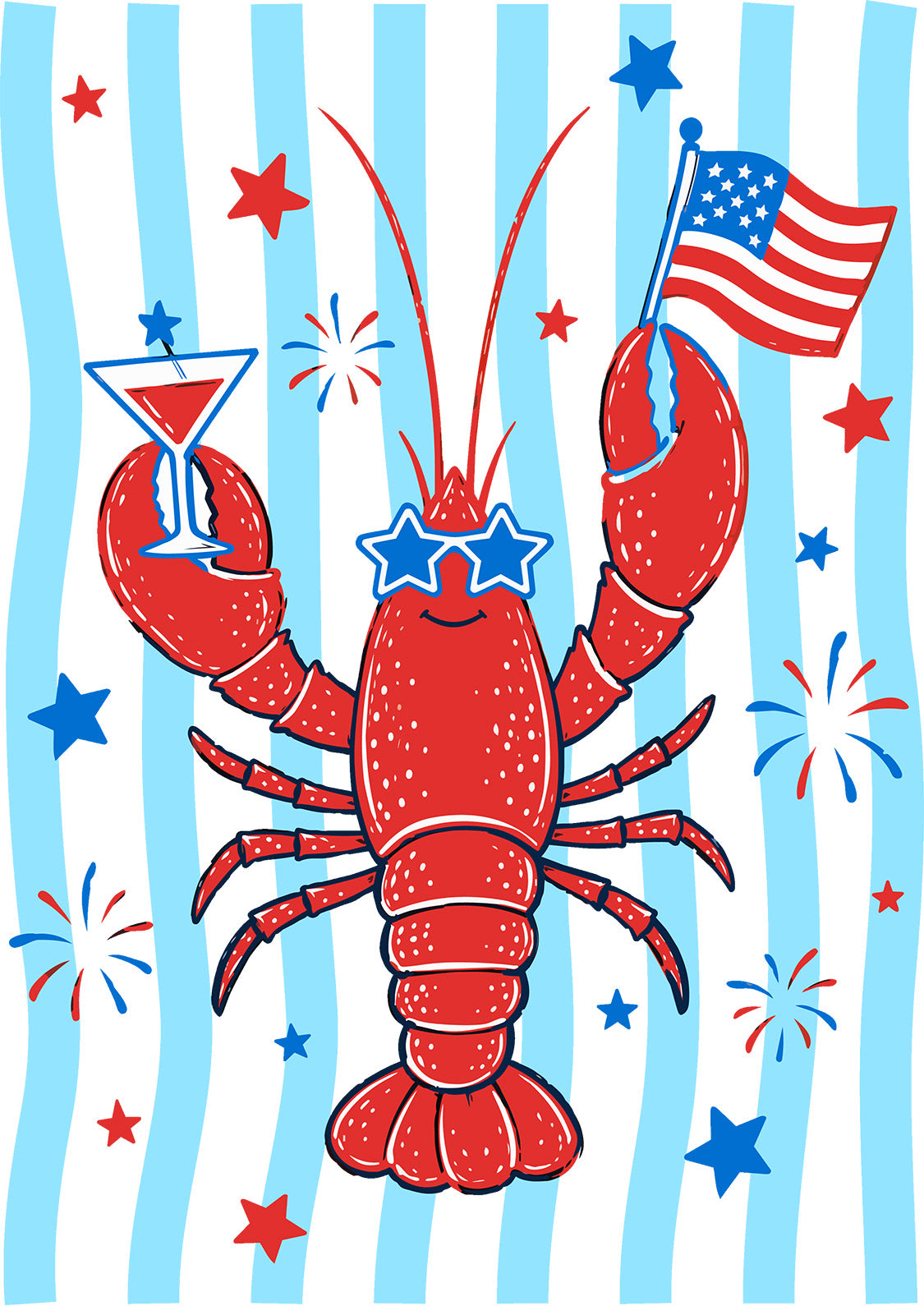Patriotic Lobster Party | 4th of July Coastal Graphic | Retro Nautical Summer Holiday Design