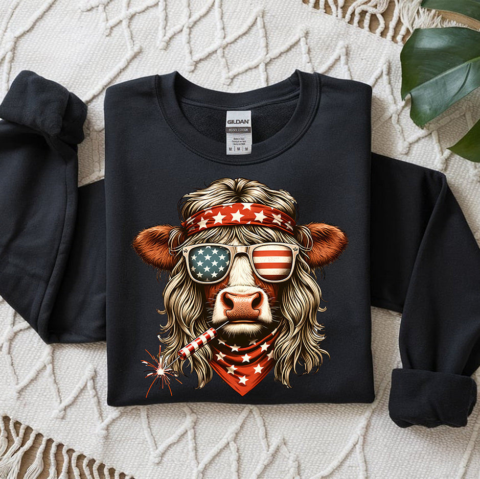 Patriotic Highland Cow Sweatshirt - 4th of July Western Cow Graphic Pullover - USA Flag Glasses & Bandana Tee