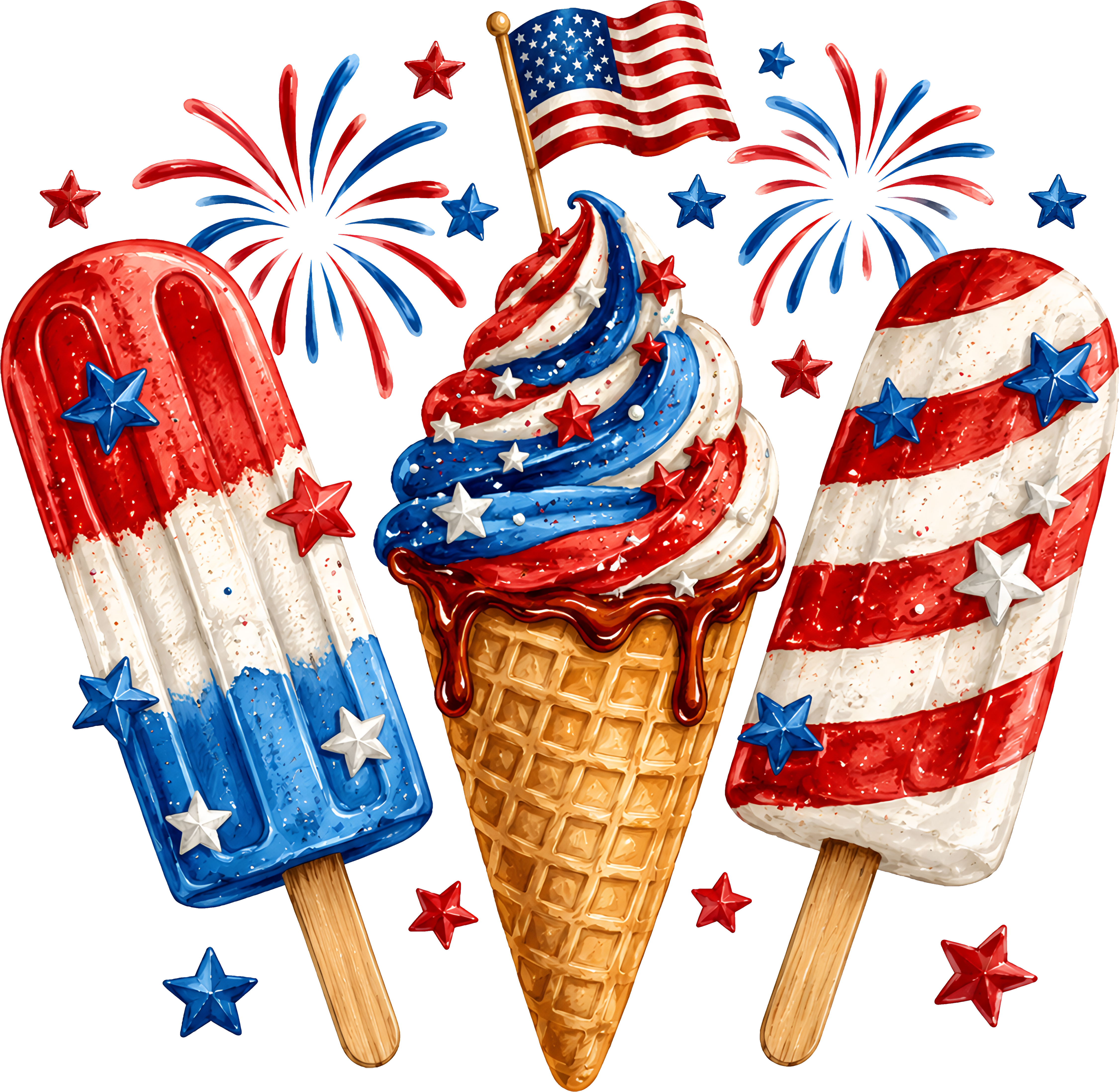Patriotic Summer Treats | 4th of July Ice Cream & Popsicle Graphic | Red White and Blue Fireworks Aesthetic