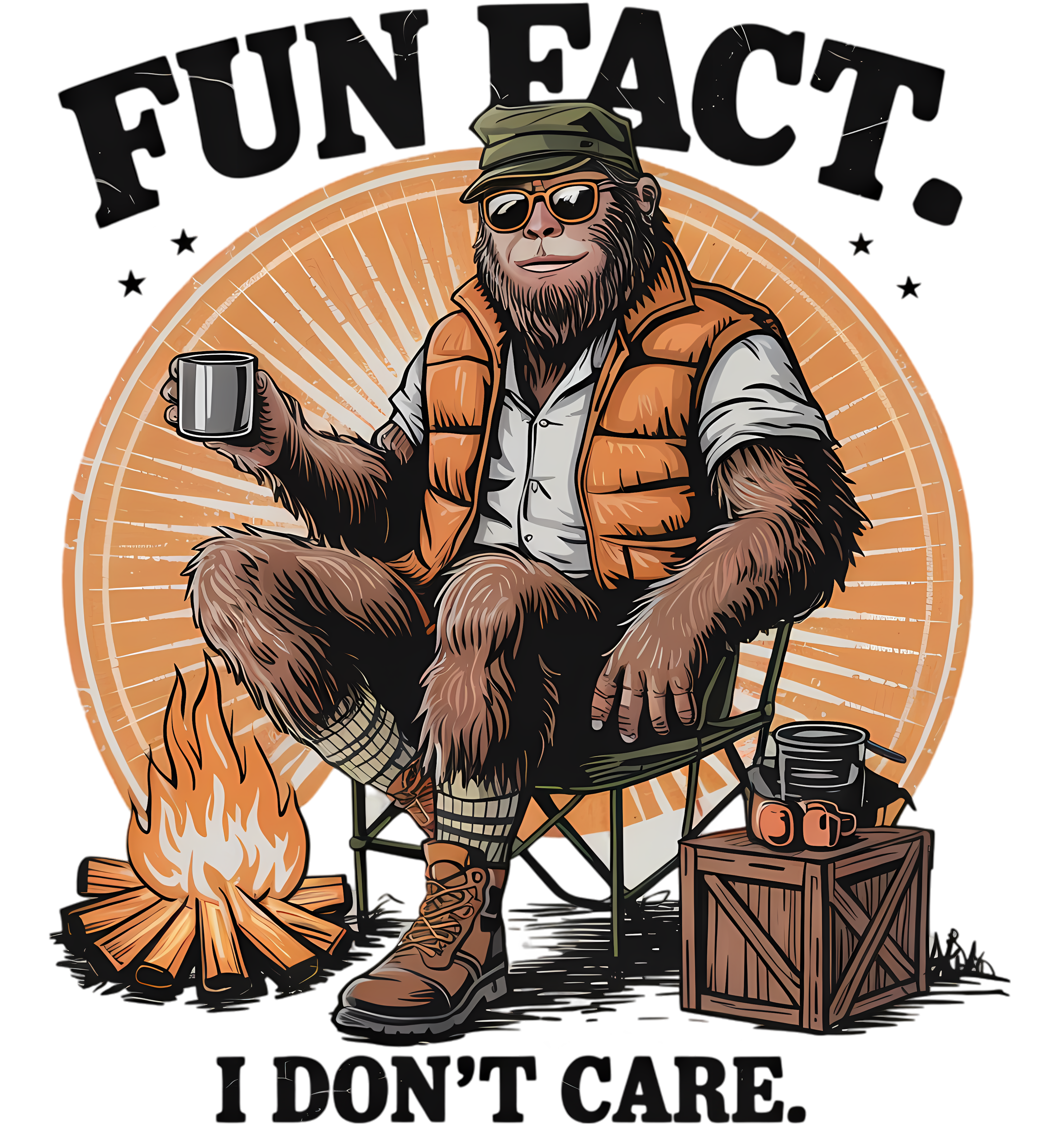 Bigfoot "Fun Fact I Don't Care" DTF Transfer | Sarcastic Sasquatch Camping Design | Ready-to-Press Heat Transfer