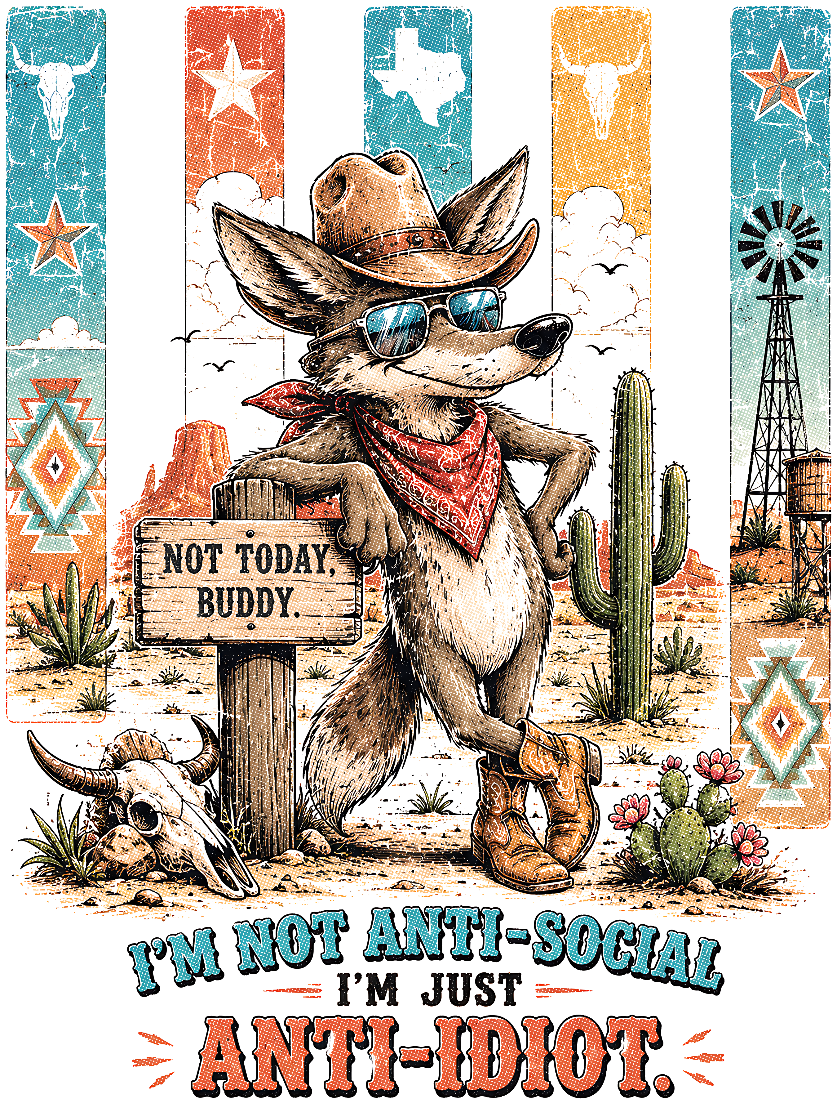 Retro Texas Cowboy Fox "Anti-Idiot" - Vintage Southwestern Desert Graphic 9x12