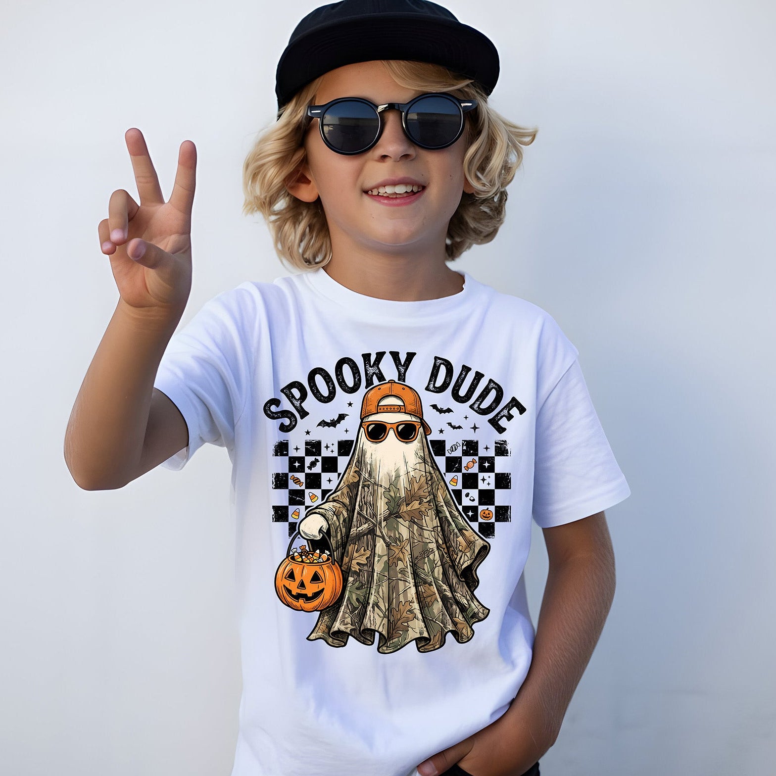Spooky Dude camo ghost Halloween DTF transfer with orange hat sunglasses and pumpkin candy bucket