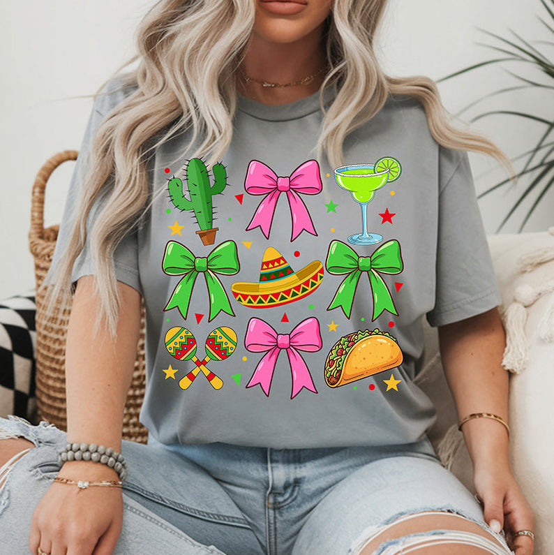 Cinco De Mayo Coquette Shirt - Festive Bows, Tacos, & Margaritas Graphic Tee