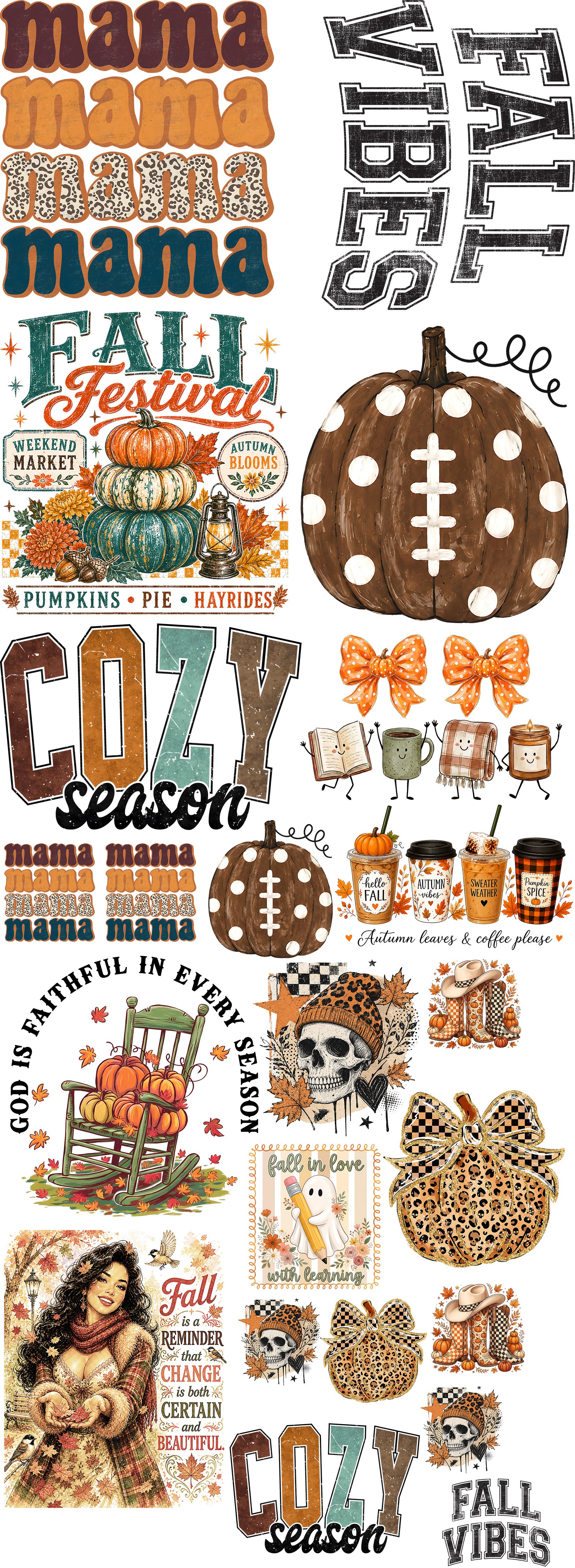 Fall Vibes DTF gang sheet featuring retro mama lettering, cozy autumn graphics, football pumpkin, leopard print pumpkins, fall festival designs, pumpkin spice coffee, skeleton and vintage fall illustrations.