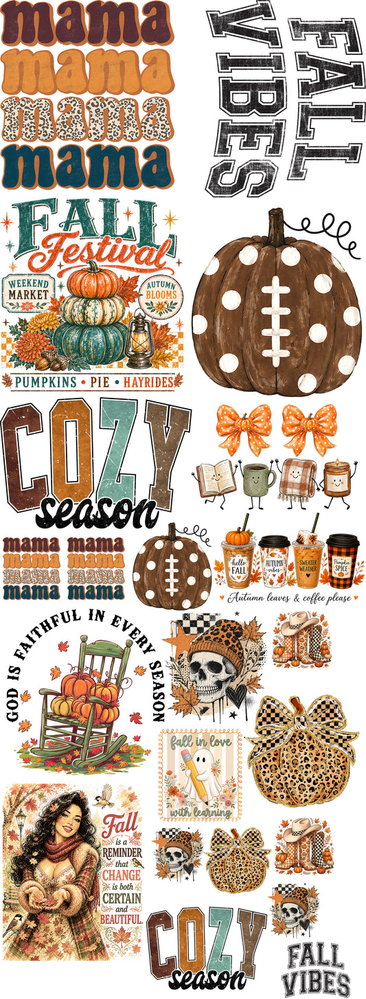 Fall Vibes DTF gang sheet featuring retro mama lettering, cozy autumn graphics, football pumpkin, leopard print pumpkins, fall festival designs, pumpkin spice coffee, skeleton and vintage fall illustrations.