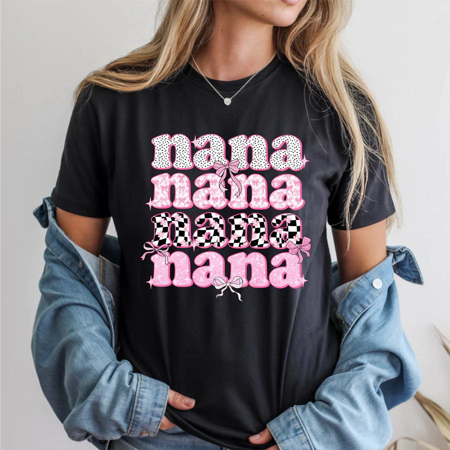 Coquette Bows & Pink Checkered Stacked DTF Transfer – Mama, Mimi, Gigi, Nana, Grandma, Mamaw – Ready to Press