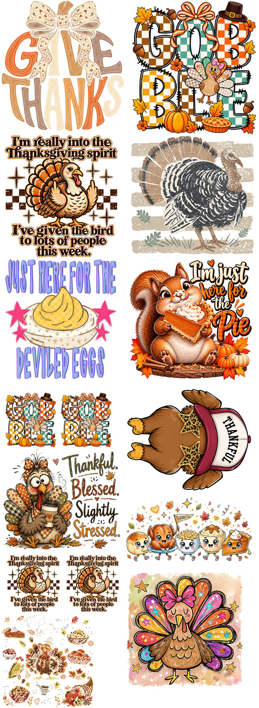 Thanksgiving DTF gang sheet featuring Give Thanks lettering, Gobble Gobble, funny turkey sayings, deviled eggs, pumpkin pie squirrel, leopard print bows and retro Thanksgiving designs.