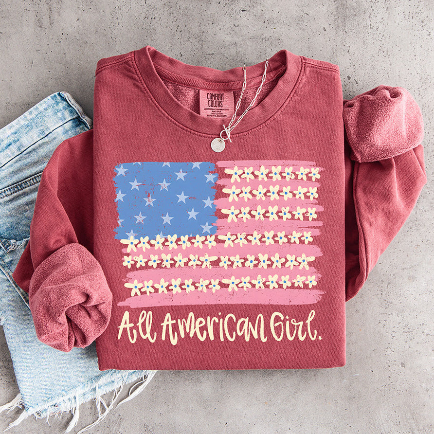 Boho All American Girl | Floral Flag & Pastel Stars DTF Transfer