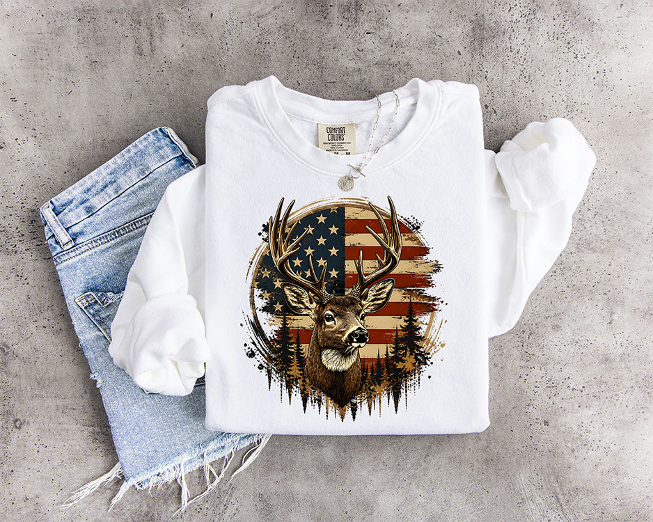 American flag whitetail deer DTF transfer featuring trophy buck antlers distressed USA flag and pine forest