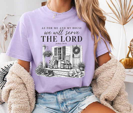 As for Me and My House We Will Serve the Lord Joshua 24:15 Christian DTF transfer with vintage farmhouse porch illustration