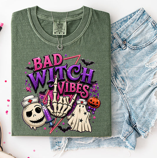 Bad Witch Vibes nurse Halloween DTF transfer with skeleton hand syringe spooky nurse characters bats and pink purple lettering