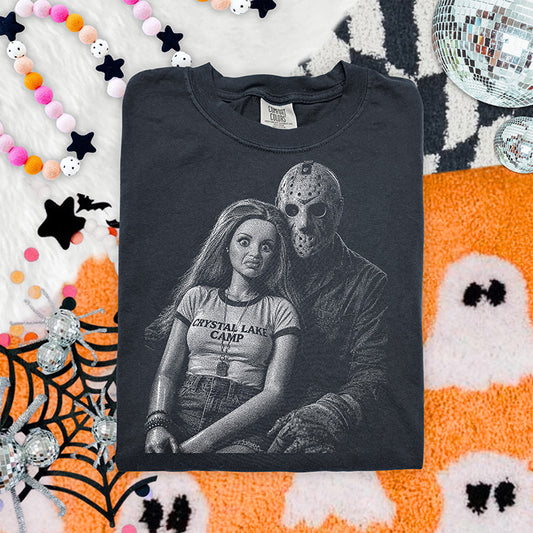 Vintage final girl camp horror DTF transfer with retro camp girl and hockey mask slasher inspired character in black and white