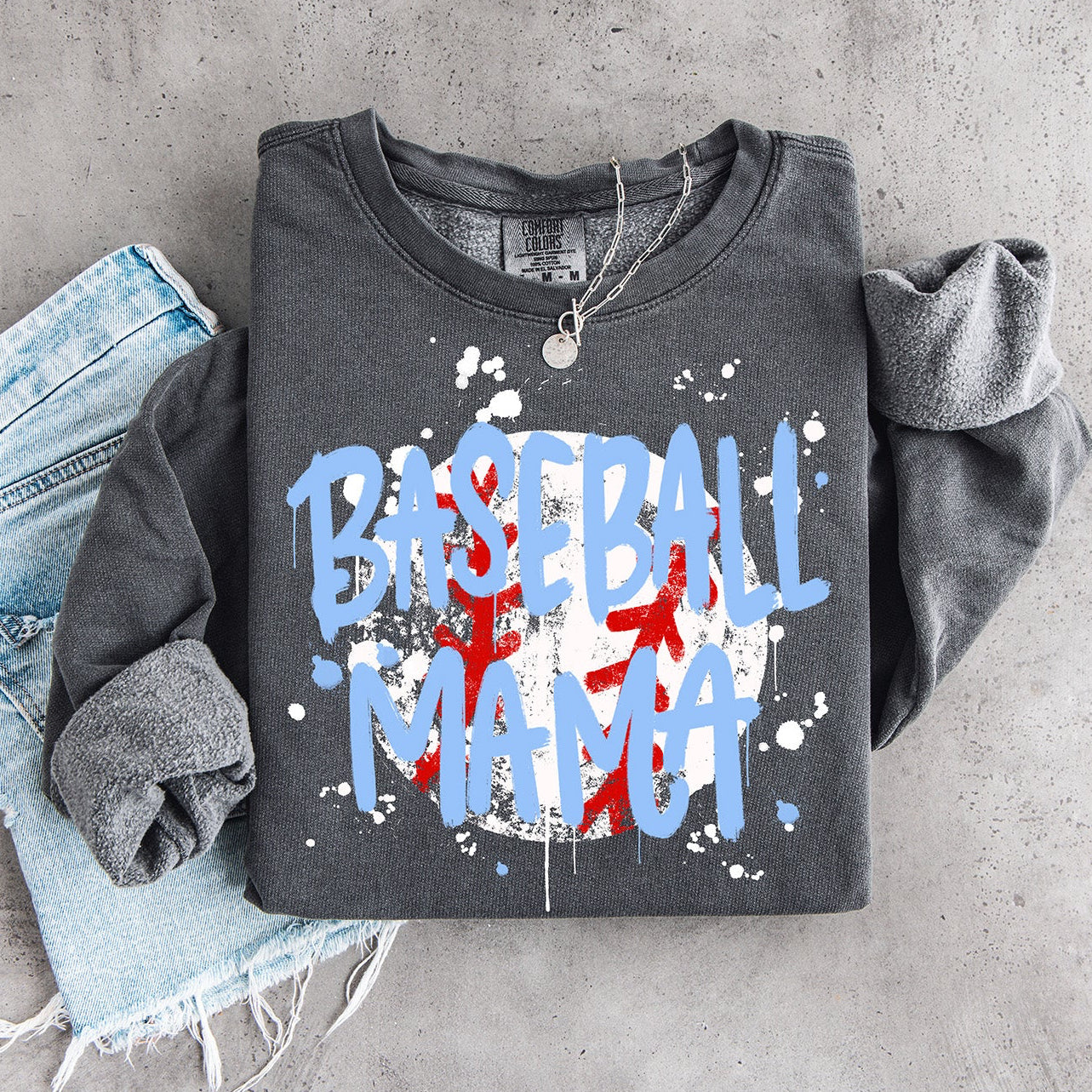 Edgy Distressed Baseball Mama | Blue Paint Splatter DTF Transfer