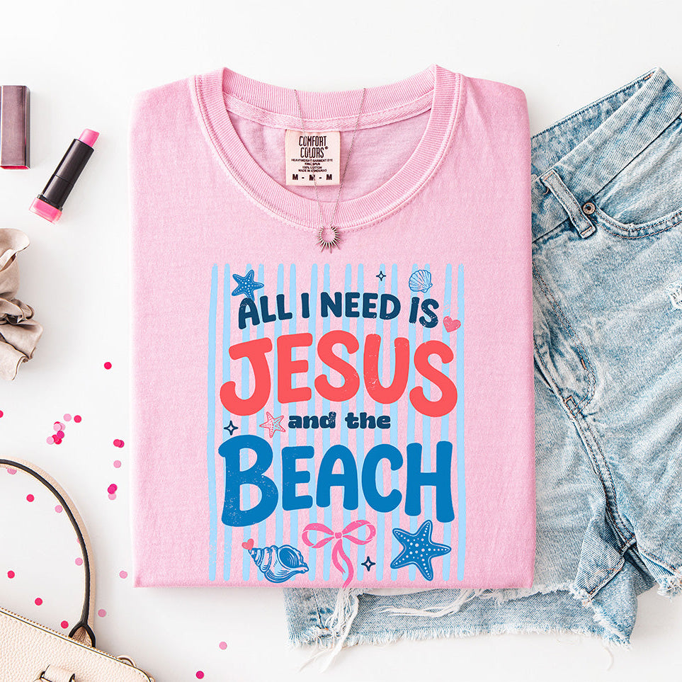 Jesus and the Beach Graphic Tee | Coastal Christian Comfort Colors T-Shirt | Preppy Summer Faith Design