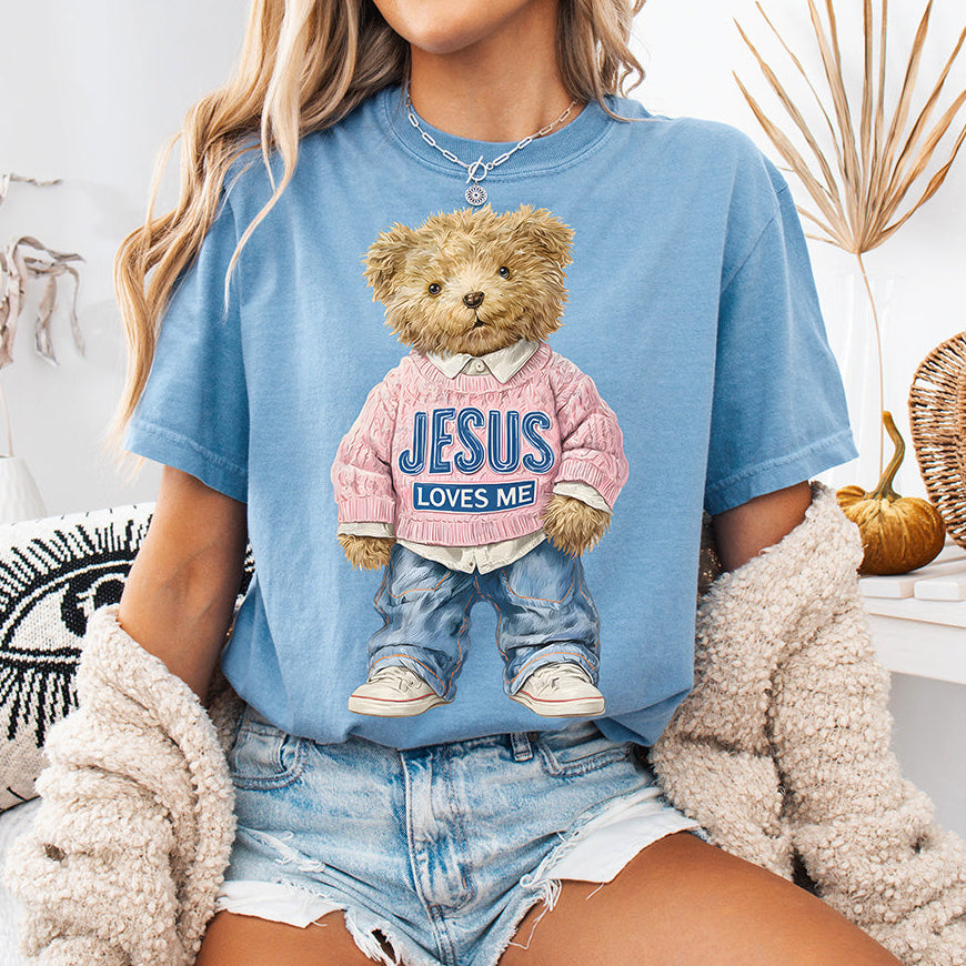 Faithful Teddy Bear "Jesus Loves Me" Graphic - Preppy Aesthetic Christian Apparel