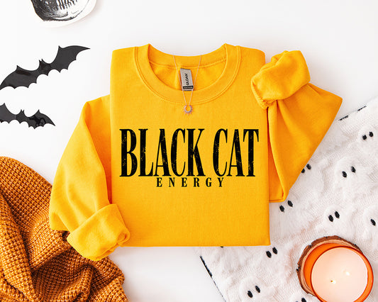 Black Cat Energy DTF transfer with bold distressed black typography for trendy minimalist Halloween apparel