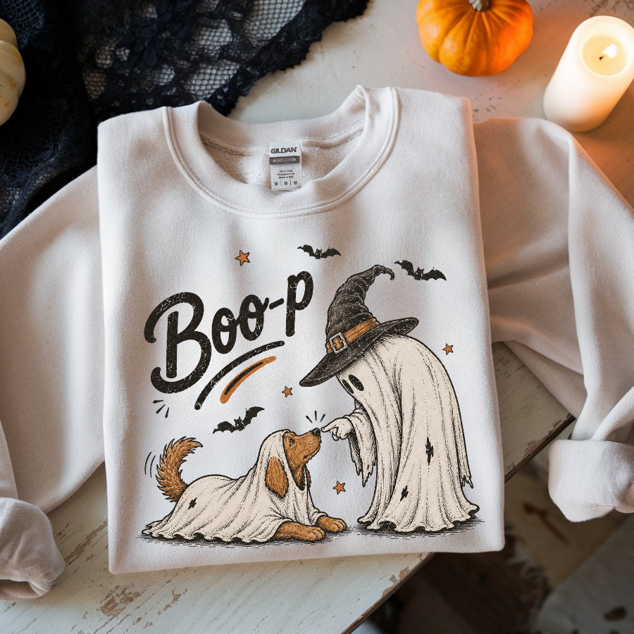 Ghost Boop-ing Dog Halloween Graphic | Cute Spooky Ghost & Puppy Lavender Shirt