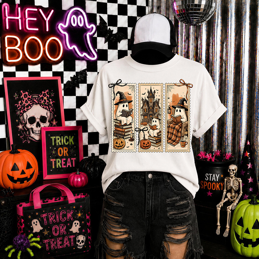 Spooky Bookworm Ghosts | Retro Bookmark Aesthetic Halloween Reading Graphic Tee