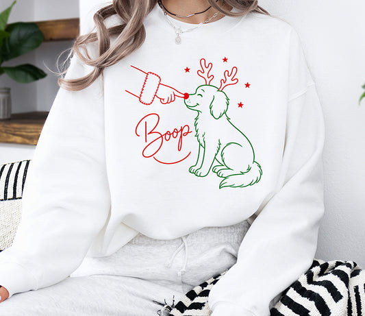 Christmas Dog Boop DTF transfer featuring Santa booping a cute dog's nose with reindeer antlers in red and green line art
