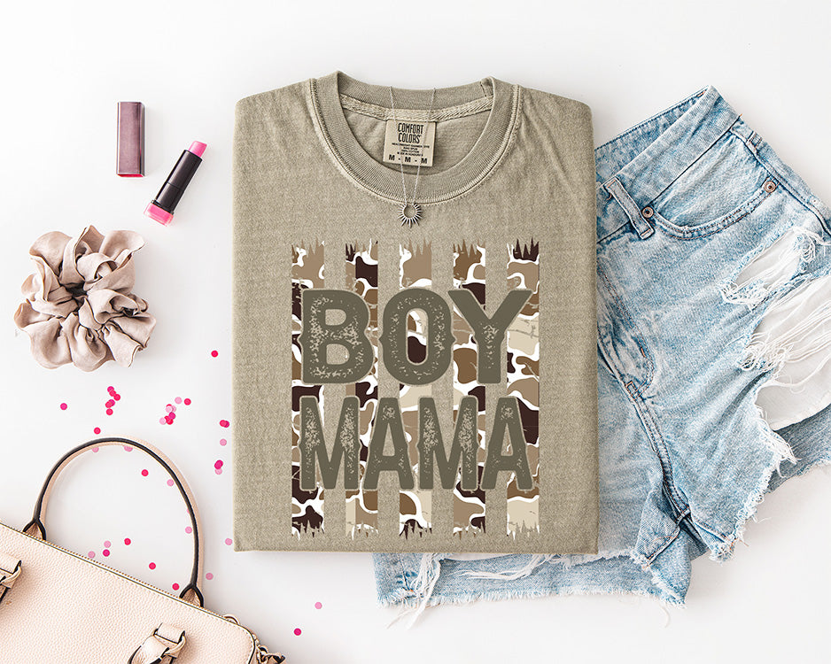 Boy Mama camo DTF transfer featuring distressed neutral lettering over a brown cream and tan camouflage pattern