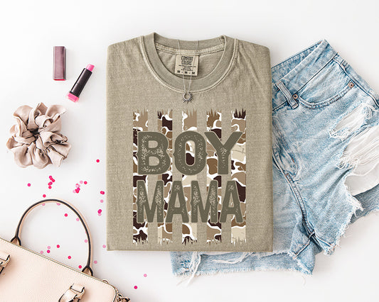 Boy Mama camo DTF transfer featuring distressed neutral lettering over a brown cream and tan camouflage pattern
