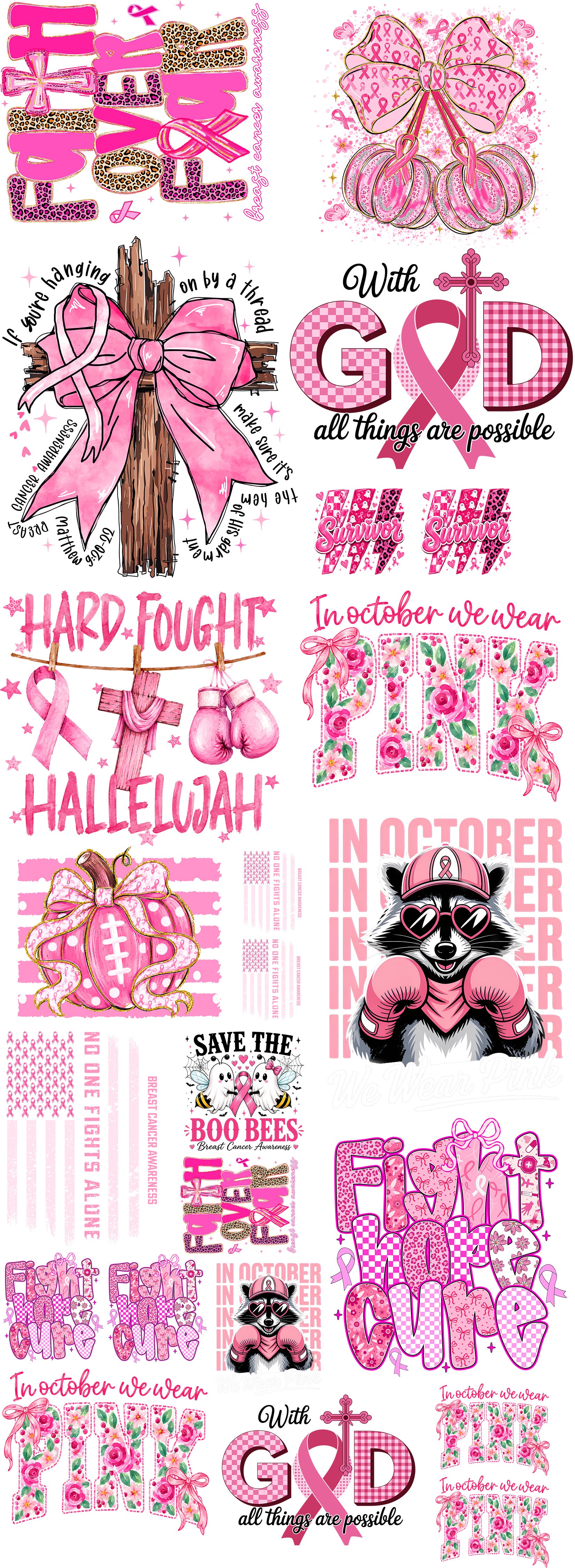 Breast cancer awareness DTF gang sheet featuring pink ribbon designs, Faith Over Fear, GOD, survivor graphics, pink bows, floral lettering, boxing raccoon and inspirational sayings.
