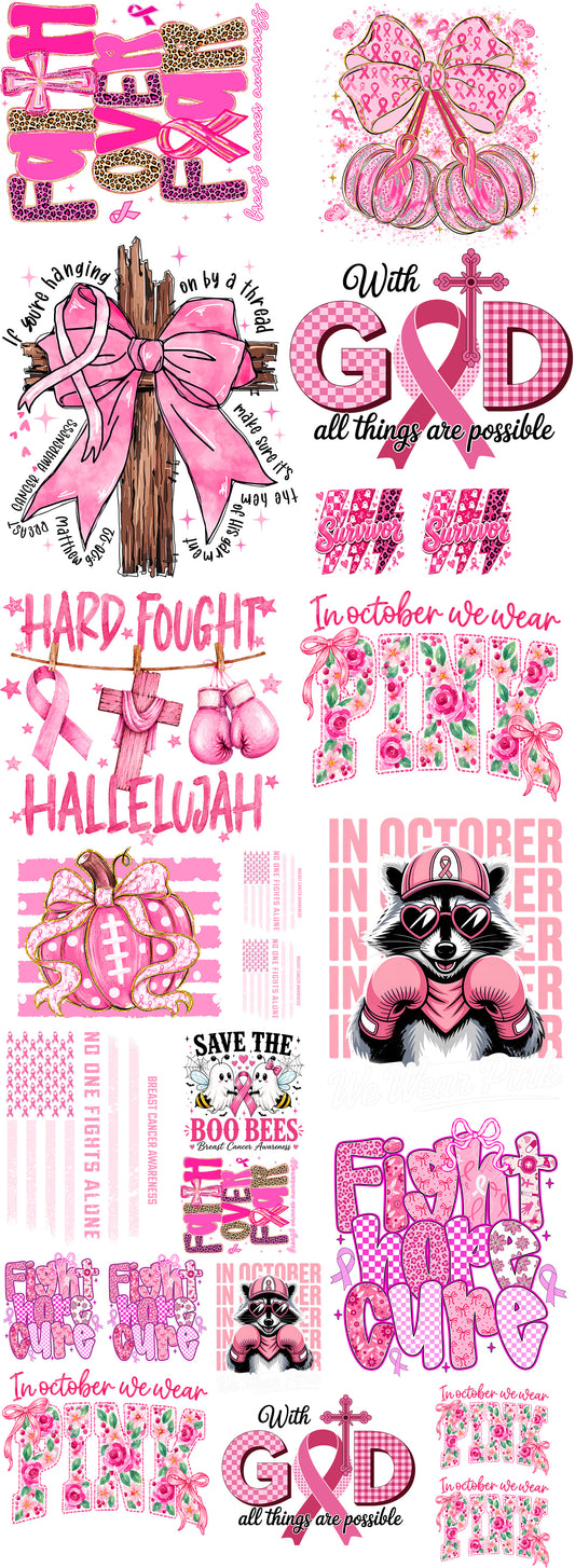 Breast cancer awareness DTF gang sheet featuring pink ribbon designs, Faith Over Fear, GOD, survivor graphics, pink bows, floral lettering, boxing raccoon and inspirational sayings.