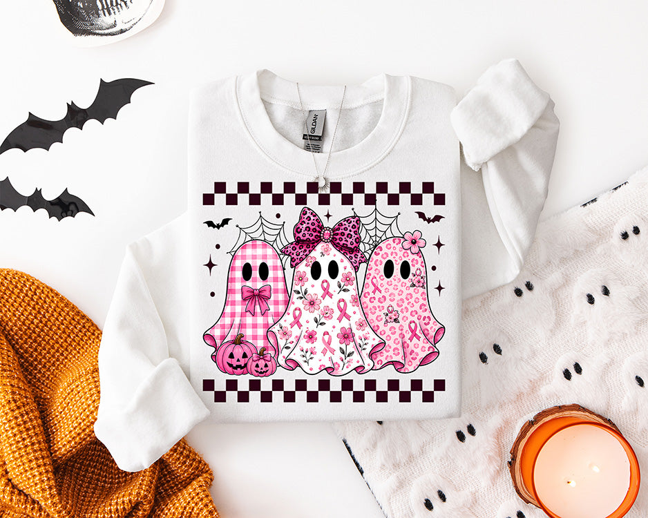 Pink ribbon breast cancer awareness Halloween DTF transfer with three patterned ghosts bows pumpkins and checkerboard accents