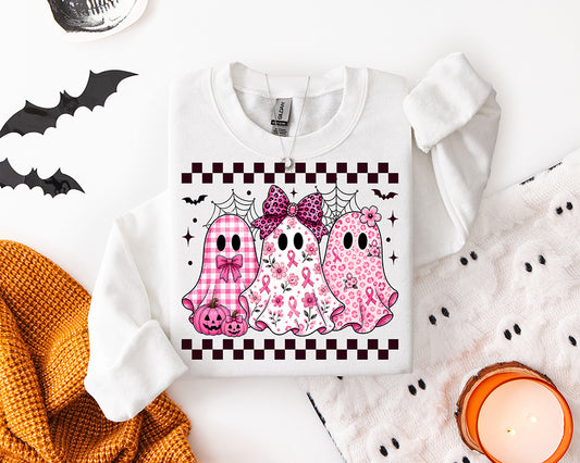 Pink ribbon breast cancer awareness Halloween DTF transfer with three patterned ghosts bows pumpkins and checkerboard accents