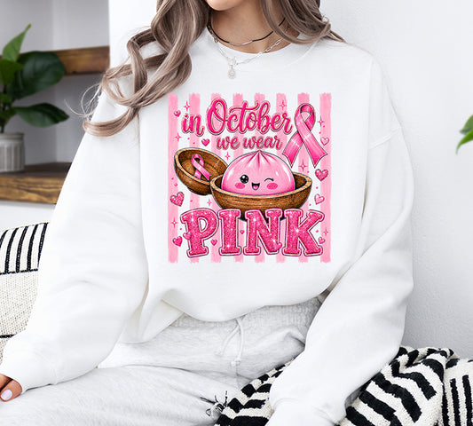 In October We Wear Pink breast cancer awareness DTF transfer with cute pink character, pink ribbon, hearts and bold pink lettering