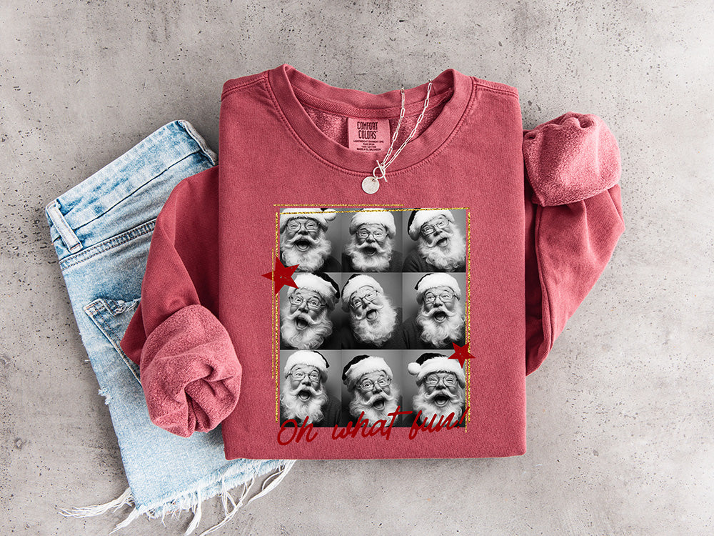 Oh What Fun vintage Santa DTF transfer featuring a black-and-white grid of expressive Santa portraits with red stars and Christmas script lettering.