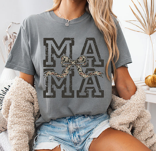 Mama camo bow DTF transfer featuring oversized distressed Mama lettering with an earthy camouflage bow