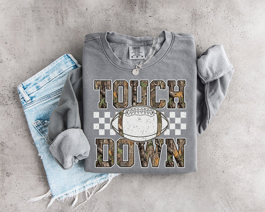 Camo Touchdown Football DTF transfer with woodland camouflage varsity lettering, distressed football and checkerboard game day accents