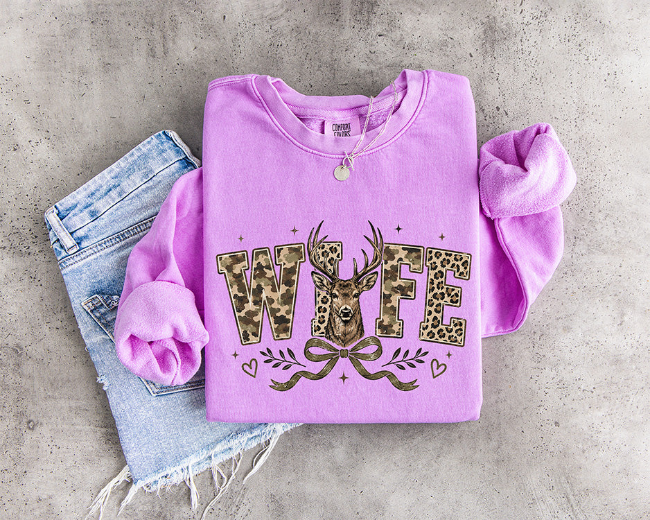 Camo Wife Deer DTF transfer with woodland camouflage and leopard print lettering, whitetail buck, bow and feminine accents