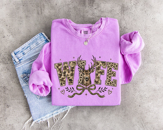 Camo Wife Deer DTF transfer with woodland camouflage and leopard print lettering, whitetail buck, bow and feminine accents