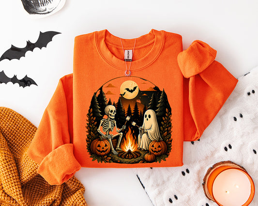 Skeleton and ghost campfire DTF transfer with pumpkins, full moon, bats and spooky forest Halloween design