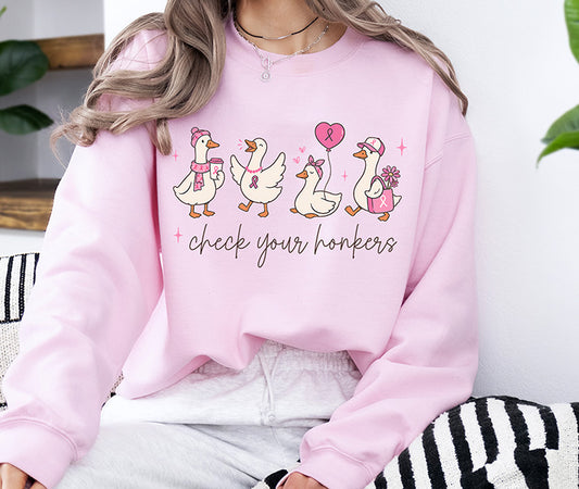 Check Your Honkers breast cancer awareness DTF transfer with cute geese and pink ribbons