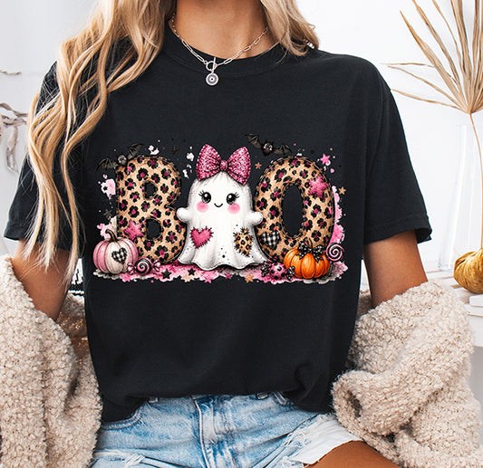 Leopard Boo Ghost Halloween DTF transfer featuring cute white ghost with pink glitter bow, leopard print BOO lettering, pumpkins and bats