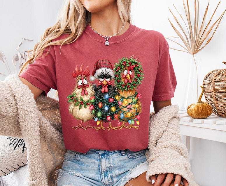 Funny Christmas Chickens DTF Transfer | Farmhouse Holiday Chicken Design