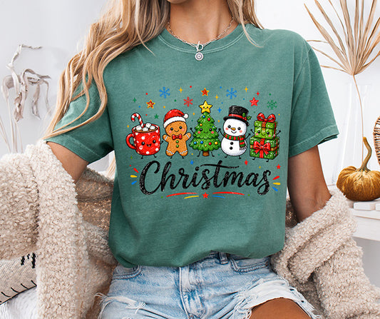 Christmas Doodle DTF transfer with hot cocoa, gingerbread man, Christmas tree, snowman, presents and colorful holiday accents
