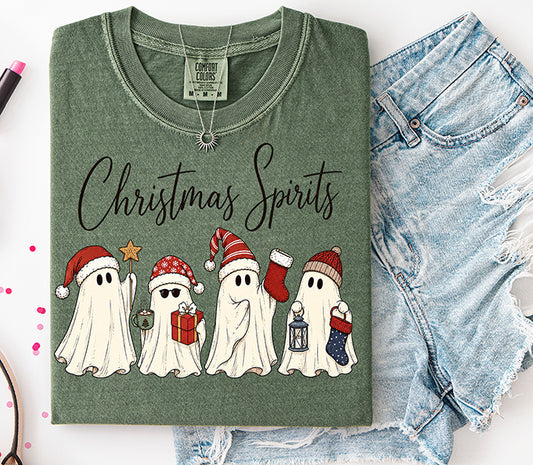 Christmas Spirits DTF transfer featuring four cute festive ghosts wearing Christmas hats and holding holiday gifts and accessories
