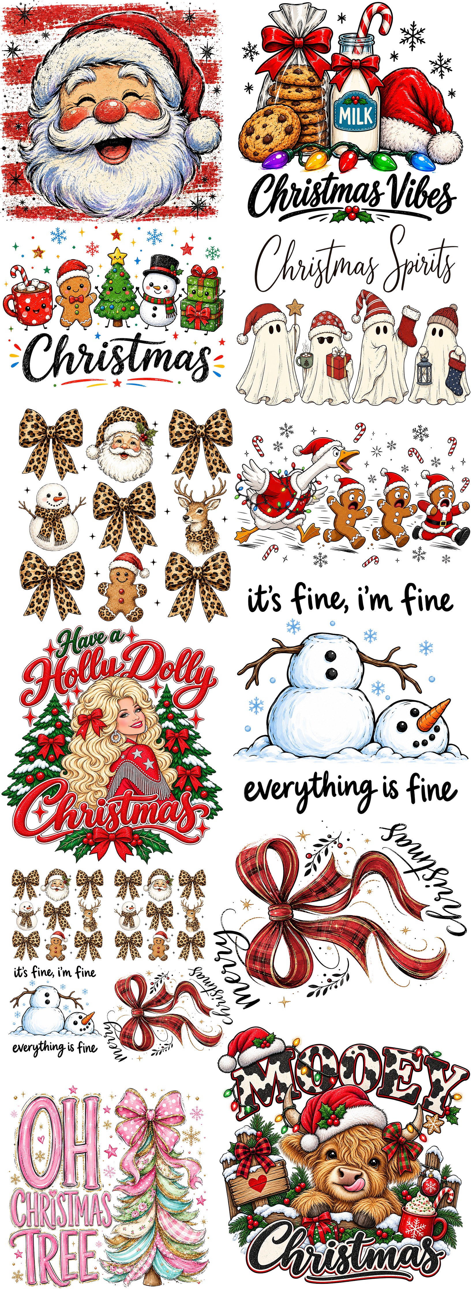 Christmas DTF gang sheet featuring vintage Santa, leopard print bows, Christmas ghosts, funny snowman, Highland cow, holiday cookies and coquette Christmas designs.