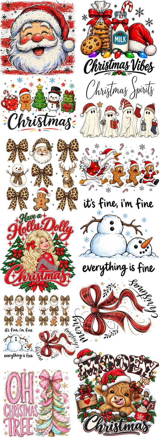 Christmas DTF gang sheet featuring vintage Santa, leopard print bows, Christmas ghosts, funny snowman, Highland cow, holiday cookies and coquette Christmas designs.