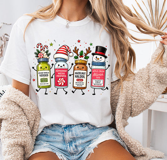 Funny Christmas medical DTF transfer featuring four festive prescription bottles dressed as Christmas characters for nurses and healthcare workers