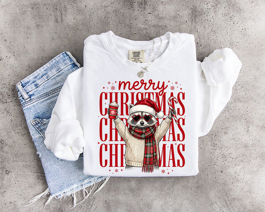 Merry Christmas raccoon DTF transfer featuring a festive raccoon wearing a Santa hat plaid scarf and heart sunglasses