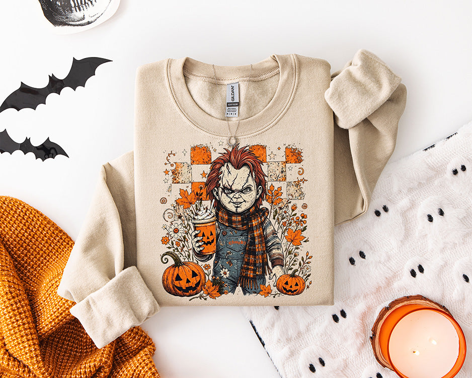 Horror Pumpkin Spice Halloween DTF transfer featuring a masked horror character holding a jack-o-lantern coffee surrounded by pumpkins, fall leaves and orange checkerboard accents