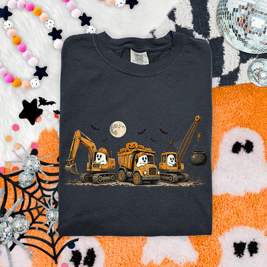 Construction Ghosts Halloween DTF transfer with cute ghosts driving excavator dump truck and crane with pumpkins bats and full moon