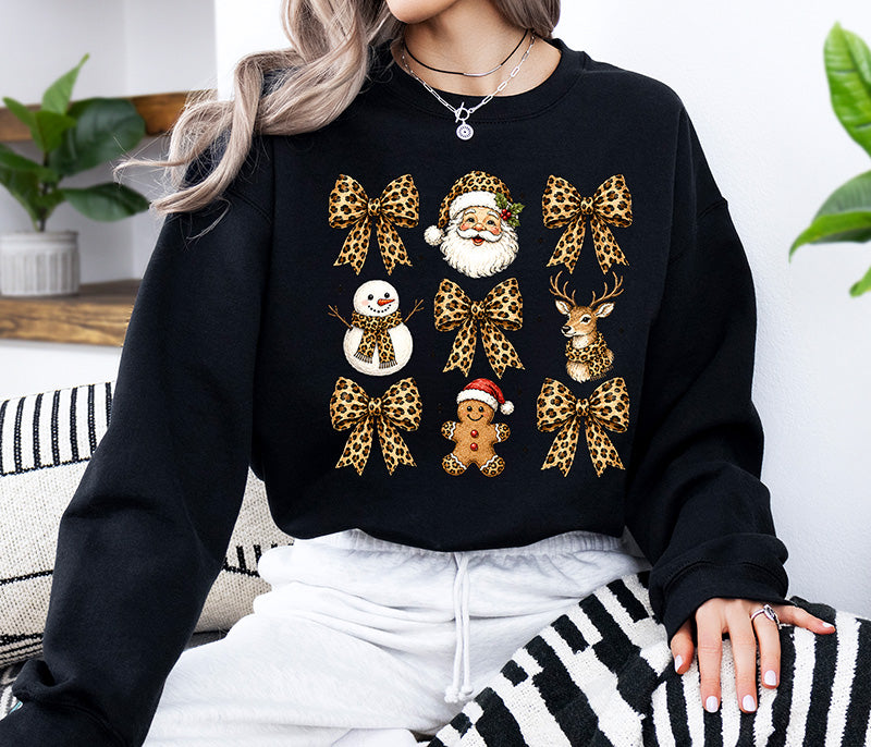 Coquette Christmas DTF transfer featuring leopard print bows with Santa, snowman, gingerbread man and Christmas reindeer