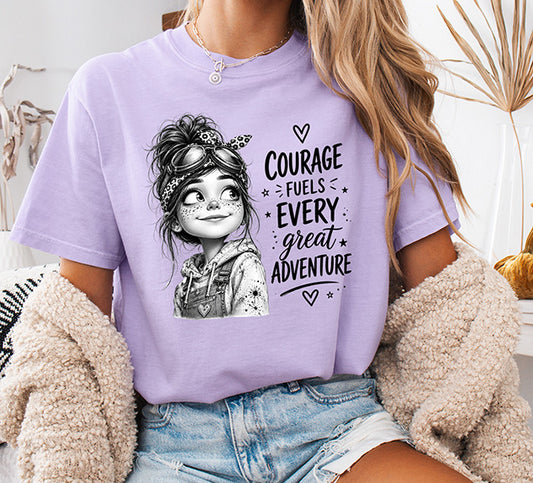Courage Fuels Every Great Adventure black and white girl with goggles ready to press DTF transfer